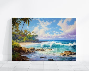Hawaii Beach Ocean Painting, Hawaii Watercolor Painting Kauai Maui Honolulu, Beach Wall Art Seascapes Hawaii Landscape Tropical Print Canvas