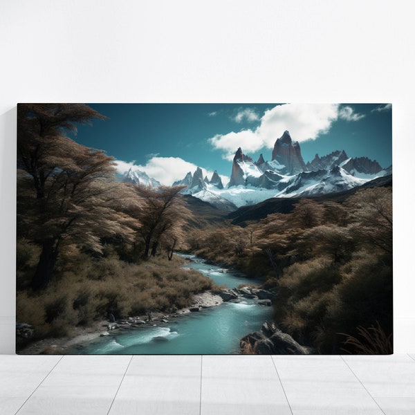 Mountain River Landscape Nature Photography Picture Canvas Scenery, Outdoors Mountainside Portrait Blue Skies Trees Photo Snowy Mountains