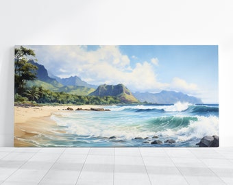 Hawaii Beach Ocean Painting, Hawaii Watercolor Painting Landscape Print Canvas Stretched Large Wall Art Decor, Sea Beach Palm Trees Kauai
