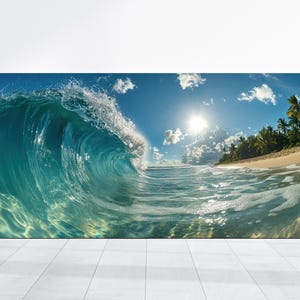 May include: A large, turquoise wave crashes on a tropical beach. The sun shines brightly in the blue sky, and palm trees line the shore.