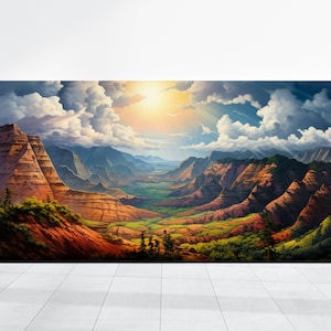 May include: A painting of a mountain valley with a bright sun shining through the clouds. The valley is filled with lush green vegetation and the mountains are a mix of brown and red.