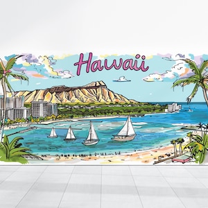 May include: A colorful illustration of a beach scene in Hawaii. The image features a mountain range, palm trees, sailboats, and the text "Hawaii" in pink letters.