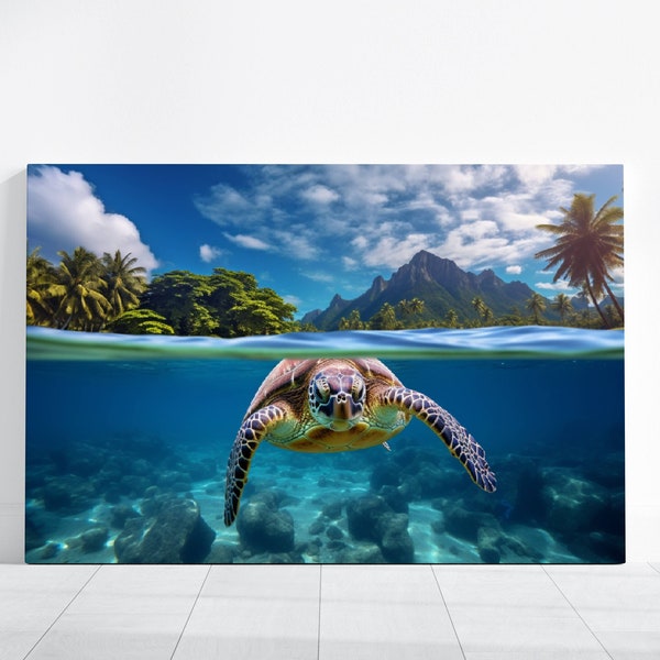 Sea Turtle Photo, Hawaiian Islands Art, Turtle Swimming in Ocean HD Photography, Marine Life Large Wall Art Canvas Portrait, Seascapes Decor