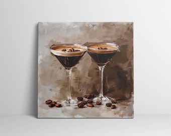 May include: Two martini glasses filled with a dark brown liquid topped with coffee beans. The glasses are on a brown background with coffee beans scattered around them.