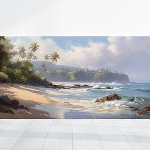 Hawaii Beach Ocean Canvas, Landscape Painting Print Canvas Stretched Wall Art Decor, Sea Beach Print Palm Trees, Large Modern Art