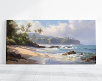Hawaii Beach Ocean Canvas, Landscape Painting Print Canvas Stretched Wall Art Decor, Sea Beach Print Palm Trees, Large Modern Art