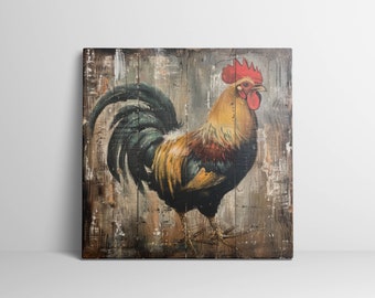 Rooster Painting, Farm Animals Artwork, Chicken Painting Farmhouse Decor, Rooster Wall Art Kitchen Decor, Vintage Rooster Print Antique