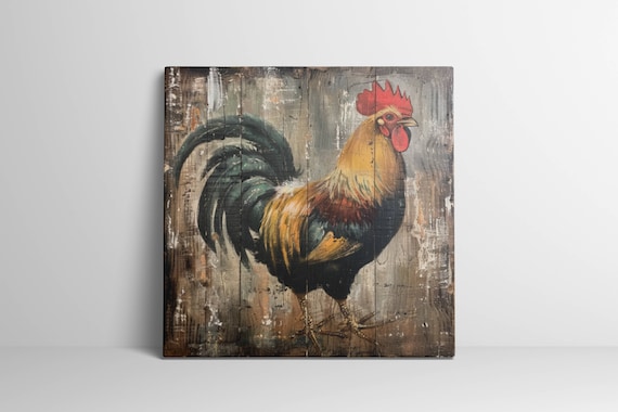 Rooster Painting, Farm Animals Artwork, Chicken Painting Farmhouse Decor, Rooster Wall Art Kitchen Decor, Vintage Rooster Print Antique