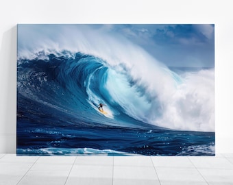 May include: A surfer rides a large, blue wave with white foam. The wave is breaking and the surfer is in the barrel of the wave.
