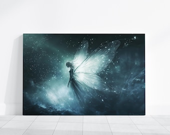 Fairy Painting, Enchanted Magical Fairy Tale Print, Mystical Creature Colorful Wings, Fantasy Picture Artwork, Vibrant Mythical Canvas