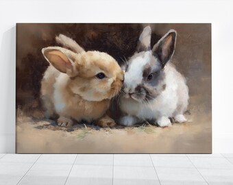 May include: A canvas print featuring two adorable rabbits. One rabbit is light brown, the other is white and gray. They are nose to nose, creating a tender moment. The background is a soft, neutral color.
