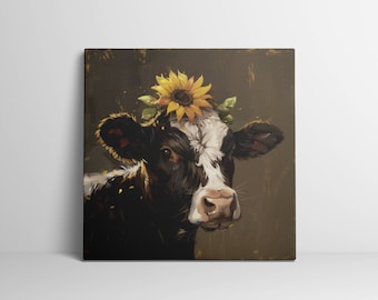 May include: A black and white cow with a sunflower crown. The cow is looking directly at the viewer. The background is a dark brown.