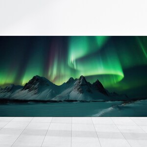 Northern Lights Landscape Painting Picture Wall Art, Vibrant Aurora Borealis over Icelandic Mountains  Home Decor Canvas Iceland Photography