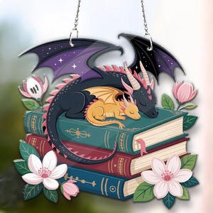 Book Dragon Suncatcher – Fantasy Dragon Acrylic Window Hanging, Bookish Decor, Dragon Lover Gift, Wall or Window Ornament
