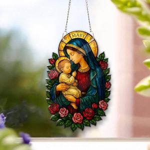 Virgin Mary Stained Glass Suncatcher – Catholic Window Hanging Ornament, Nativity Decor, Faith-Based Christian Gift and Keepsake