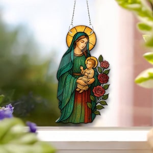 Virgin Mary Stained Glass Suncatcher – Catholic Window Hanging Ornament, Christian Faith Gift, Nativity Scene Decor Keepsake