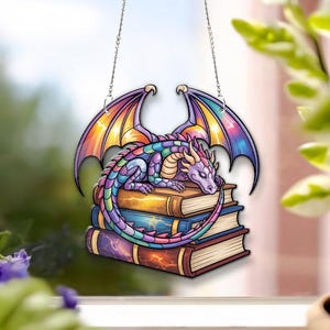 Whimsical Book Dragon Window Decor – Acrylic Suncatcher Ornament, Fantasy Art Hanging, Bookish Home & Wall Decoration