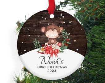 Baby's First Christmas Ornament, Personalized Baby's Christmas Keepsake, New Baby Gift, Baby Monkey Ornament, 2023 Custom Baby Ornament