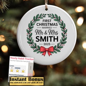 Personalised First Christmas Married Gift Wedding gift Mr Mrs Newlywed Bride Groom Botanical Greenery Ceramic or Ceramic Ornament Keepsake