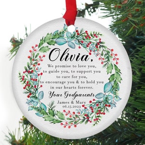 Personalized Godparents Ornament - Godparents Keepsake - Christening Baptism Ornament Keepsake in Green Floral Wreath