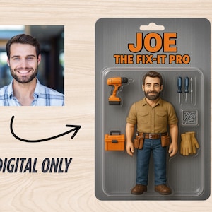 Kit regalo action figure personalizzate, action figure personalizzate, ritratto personalizzato in scatola di giocattoli, download di arte digitale, regalo divertente per lui per la festa del papà, papà 1