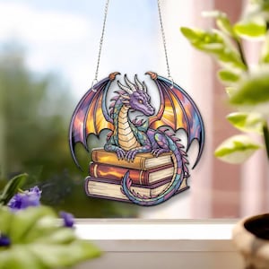 Book Dragon Suncatcher – Fantasy Acrylic Dragon Window Hanging, Bookish Home Decor, Dragon Lover Gift, Reading Nook Ornament