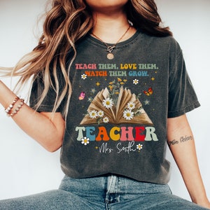 Wildflower Teacher Name Shirt, Custom Teacher TShirt, Personalized Teacher T Shirt, Gift for Teacher, Cute Teacher Tee, Groovy Teacher Shirt