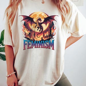 Feminism Dragon Graphic T-Shirt - Gothic Fantasy Dragon Castle Tee - Feminist Dark Fantasy Tee - Vintage Feminism Graphic Tee
