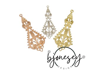 Gold, Rose Gold, Rhodium Brass Filigree Drop Charms: Jewelry Making Findings (2 PCS)