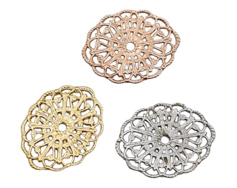 Oval Rhodium, Gold Plated, Rose Gold Brass Filigree Stamping, Jewelry Finding/Component/Centerpiece/Brooch 4PCS