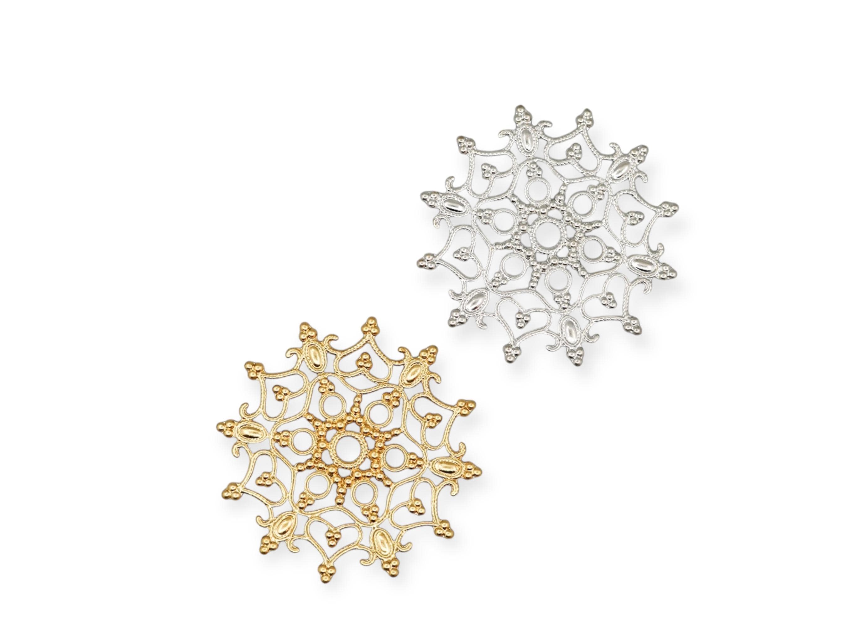 Round Rhodium, Gold Plated Brass Filigree Stamping, Jewelry Finding/Component/Centerpiece/Brooch 4PCS
