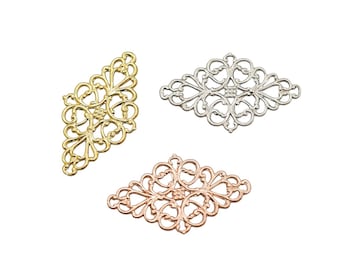 Filigree Connector Diamond Shaped Rhodium, Gold Plated Brass Filigree Stamping, Jewelry Finding/Component/Centerpiece/Brooch