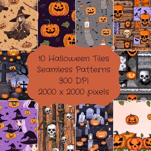 Può includere: Dieci motivi senza cuciture a tema Halloween, ognuno con un design diverso. I motivi includono zucche, teschi, streghe, fantasmi e lapidi. I motivi sono 2000 x 2000 pixel e 300 DPI.