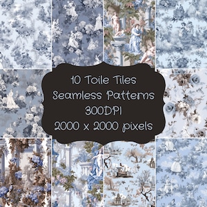 Puede incluir: Diez patrones de toile sin costuras en azul y blanco con diseños florales y clásicos. Cada patrón es de 2000 x 2000 píxeles a 300 DPI.