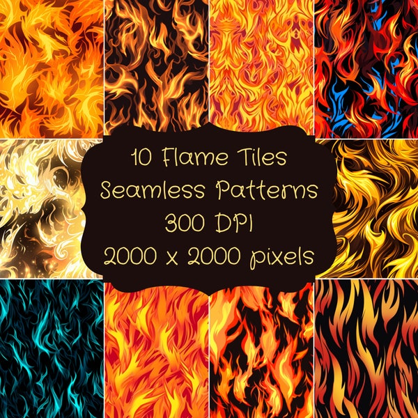 10 Flame Patterns, Seamless Pattern, Background, Decor, Digital Paper, Burning, Hot, Tile, Fire,  Instant Download for Commercial Use