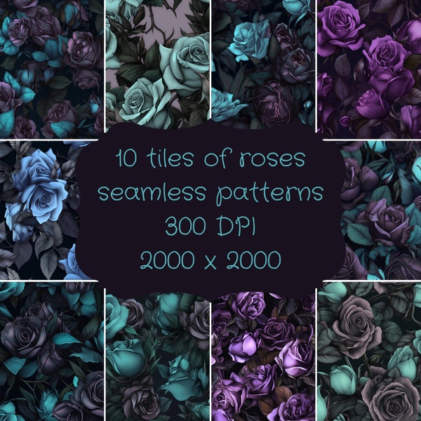 10 Patterns of Roses, Seamless Patterns, Dark Roses, Flowers, Cyan, Aubergine, Teal, Dark Background, Instant Download for Commercial Use