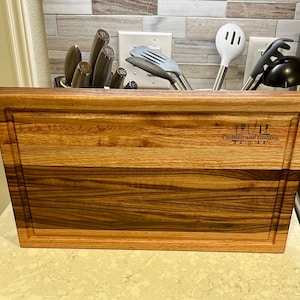 Large Walnut and Maple Edge Grain Cutting Board &quot;Chilling and Grilling&quot; Wooden Chopping Board with Juice Groove. Handmade in the USA.