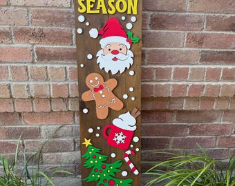 Merry Christmas Tis the Season Porch Leaner – Layered Wood Sign, Holiday Decor, Santa, Gingerbread, Hot Cocoa, Tree