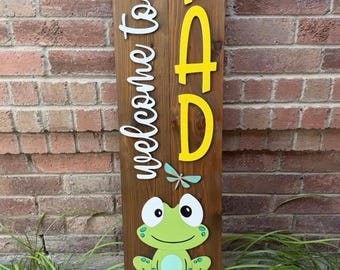 Welcome to Our Pad Frog Porch Leaner Sign - 45 Inch Personalized Cedar Welcome Sign
