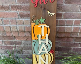 Handcrafted Give Thanks Pumpkin Porch Sign - Fall Outdoor Decor