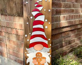 Gingerbread Gnome Christmas Porch Sign: 45" Cedar Welcome Decor