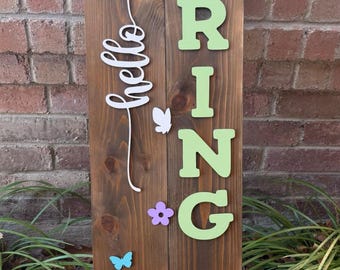 Hello Spring Porch Leaner - Highland Cow: 45" Cedar Wood Sign