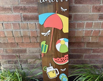 Summer time Porch Leaner: 45" Cedar Wood Sign with Umbrella Flip Flops Drink
