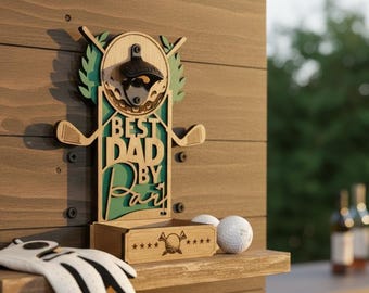 Golf Bottle Opener, Wall Mounted Cap Catcher, Dad By Par Sign, Bar Decor
