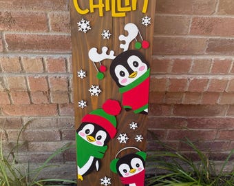 Penguin Porch Sign Leaner – Winter Holiday Layered Wood Outdoor Decor, Handcrafted Christmas