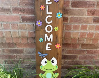 Welcome Frog and Flowers Porch Leaner Sign - 45 Inch Personalized Cedar Sign