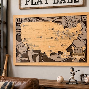 Handcrafted Baseball Stadium Tracker Map, USA Ballpark Journey, Personalized Gift