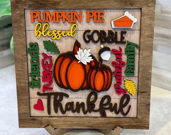 Handmade Pumpkin Thankful Blessed Friend Collage Sign -  - Fall Home Decor Accent. Perfect for kitchen, entryway, or any wall.