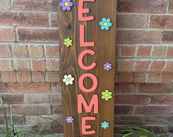 Welcome Porch Leaner - Highland Cow with Flowers: 45" Cedar Wood Sign