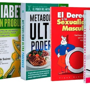May include: A collection of five Spanish-language books with colorful covers. The books are about health, diet, and metabolism. The titles include "El Poder del Metabolismo", "Diabetes Sin Problemas", "Metabolismo Ultra Poder", "El Derecho a la Sexualidad Masculina", and "Recetas del Poder del Metabolismo".